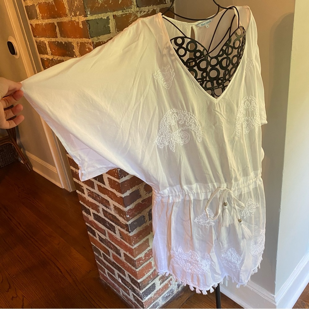 White beach cover up with embroidery and fringe